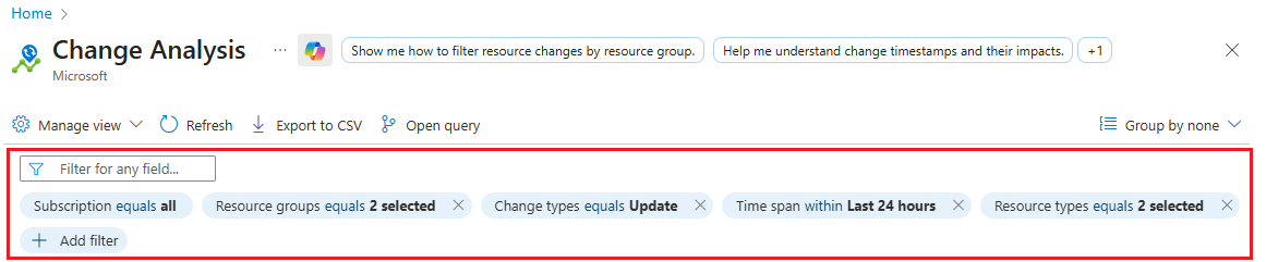 Zrzut ekranu przedstawiający filtry dostępne dla analizy zmian, które ułatwiają zawężenie wyników analizy zmian.