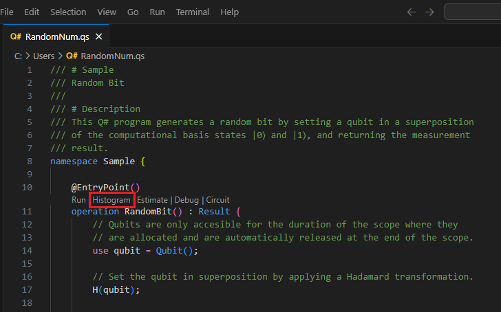 Zrób zrzut ekranu pliku Q#, pokazującego w Visual Studio Code, gdzie znaleźć CodeLens z poleceniem histogramu.