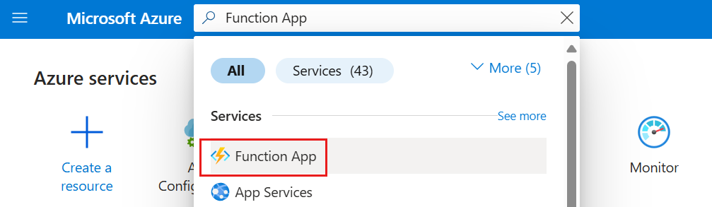 Zrzut ekranu z Azure portal z zaznaczoną opcją Function App.