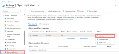 Zrzut ekranu przedstawiający sposób lokalizowania opcji Edytuj reguły dla istniejących reguł replikacji.