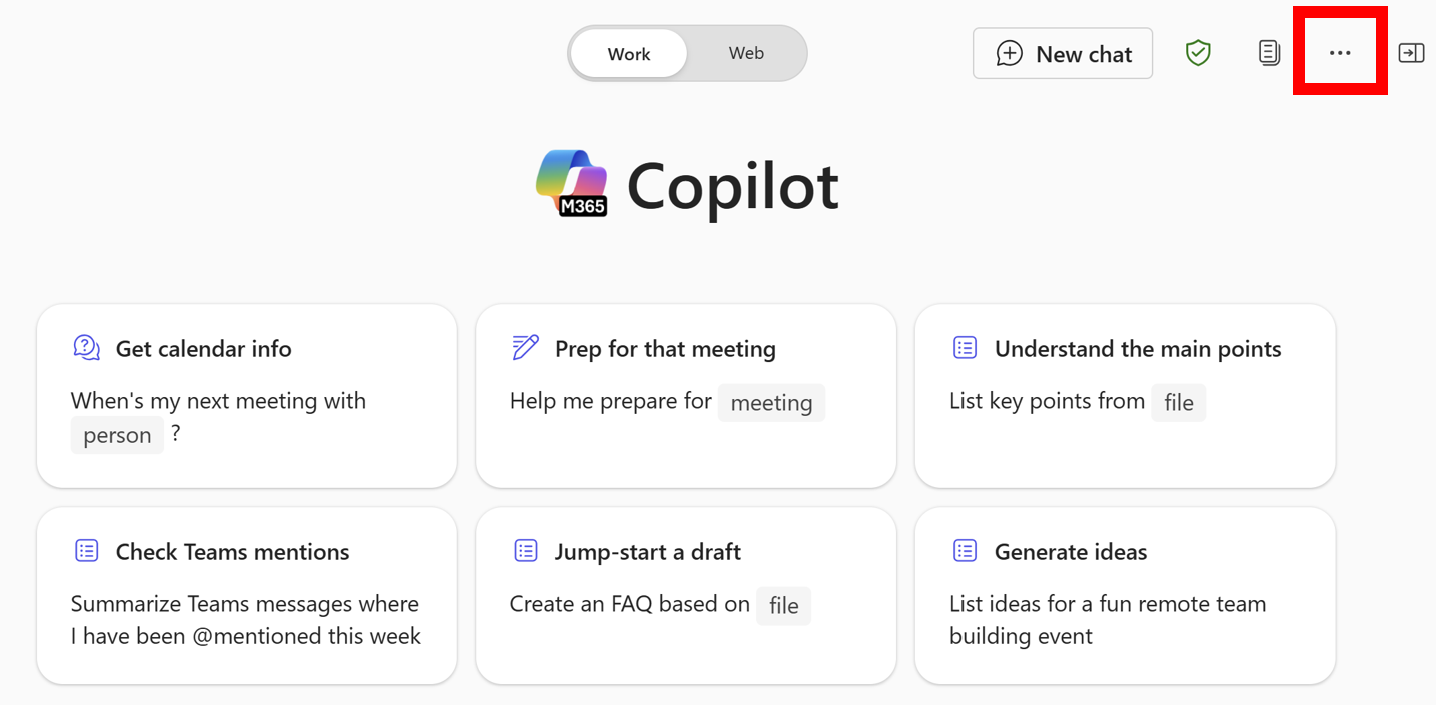 Zrzut ekranu przedstawiający kartę Praca w rozwiązaniu Microsoft 365 Copilot. Opcja menu w prawym górnym rogu jest wyróżniona czerwonym polem.