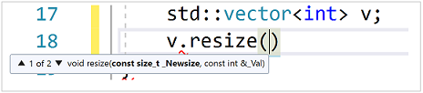 Zrzut ekranu przedstawiający informacje o parametrach zmiany rozmiaru funkcji w wektor v. Informacje o parametrze to: const size_t _Newsize, const int & _Val.
