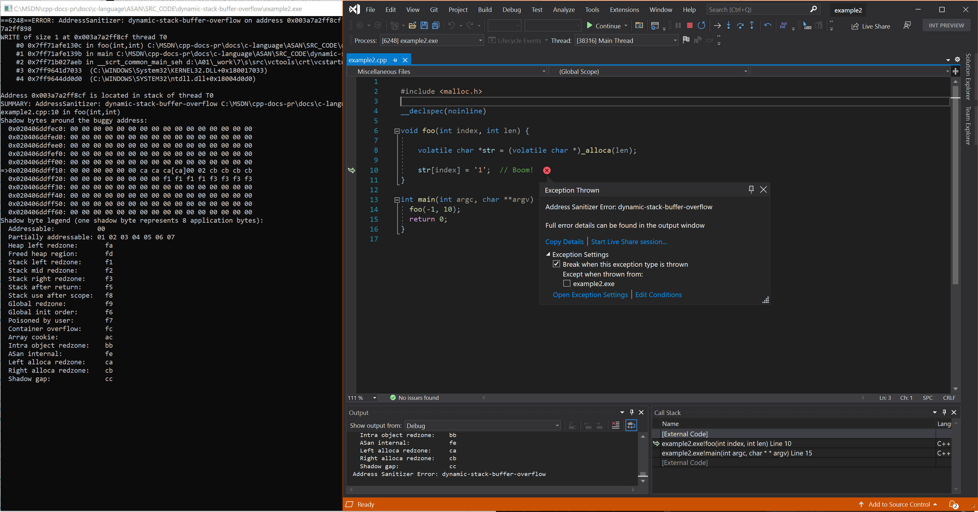 Zrzut ekranu przedstawiający debuger wyświetlający błąd dynamic-stack-buffer-overflow w przykładzie 2.