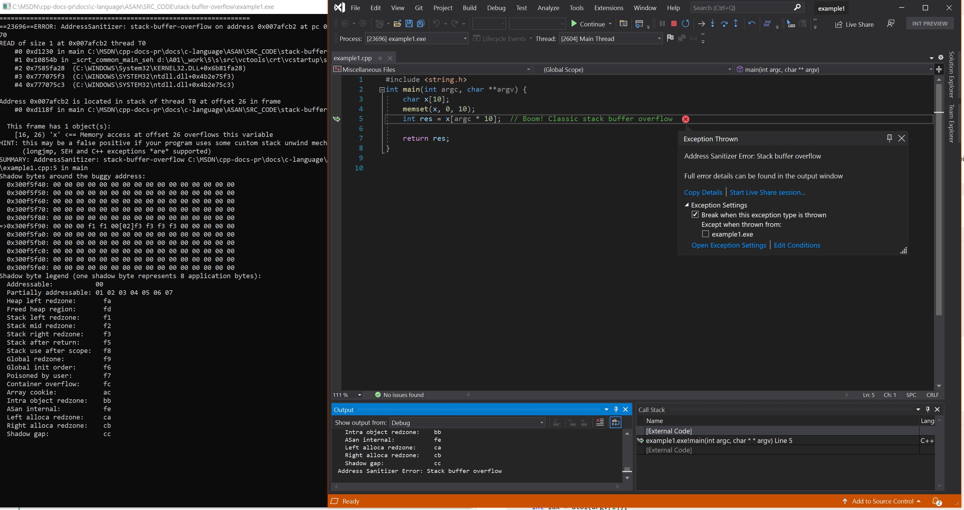 Zrzut ekranu przedstawiający błąd przepełnienia stack-buffer-overflow w debugerze w przykładzie 1.