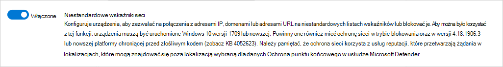 Zrzut ekranu przedstawiający sposób włączania niestandardowych wskaźników sieciowych w usłudze Defender for Endpoint.