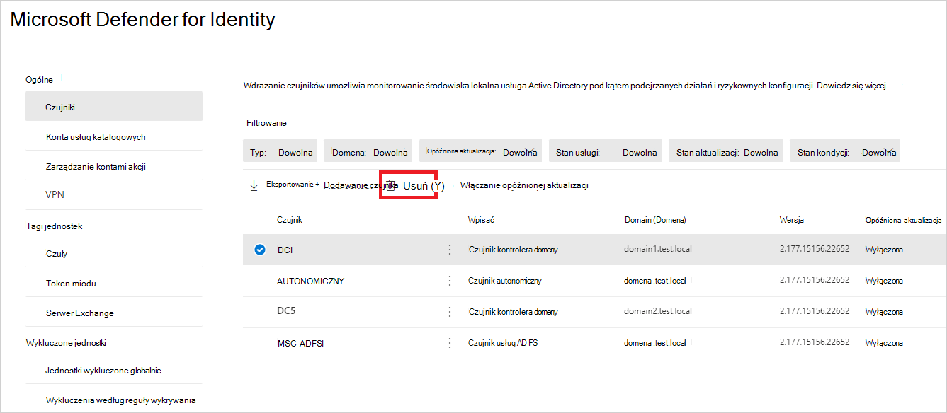 Usuwanie oddzielonego czujnika usługi Defender for Identity ze strony czujników