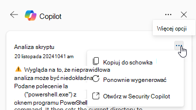 Zrzut ekranu przedstawiający opcję Więcej akcji na karcie Analiza skryptów Copilot.