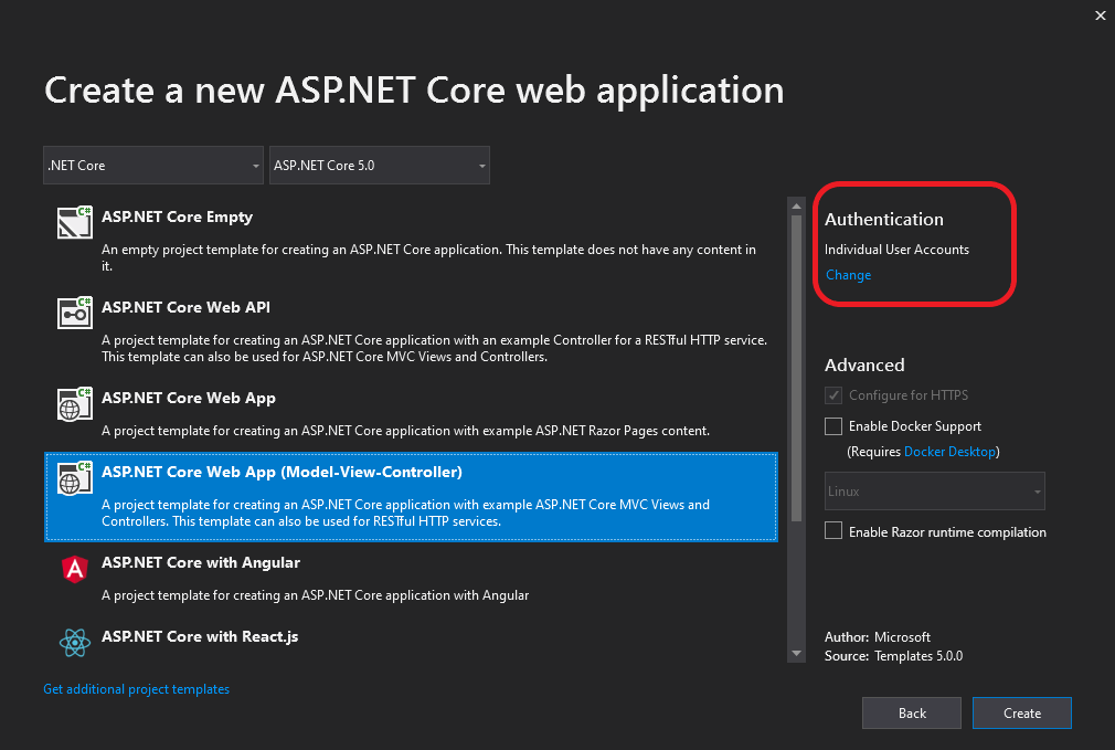 Zrzut ekranu przedstawiający okno dialogowe Nowa aplikacja internetowa ASP.NET Core.