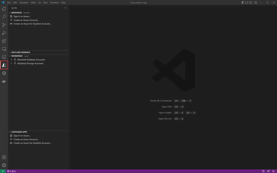 Zrzut ekranu programu Visual Studio Code przedstawiający sposób logowania się do narzędzi platformy Azure.