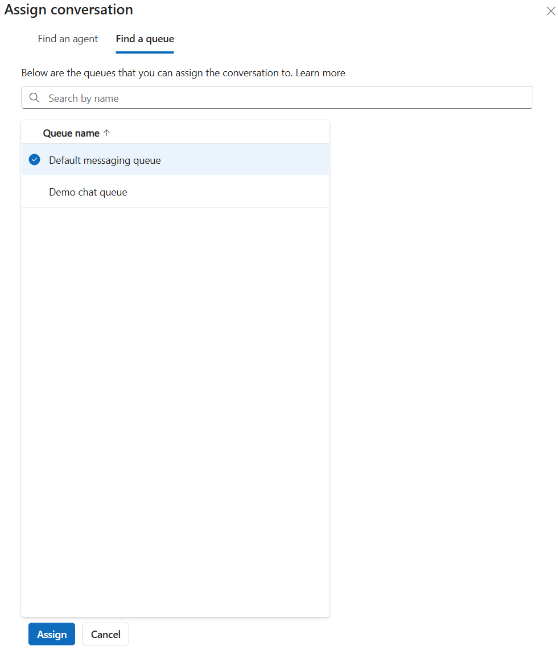 Zrzut ekranu przedstawiający okno dialogowe przypisywania konwersacji, opcja znajdowania kolejki