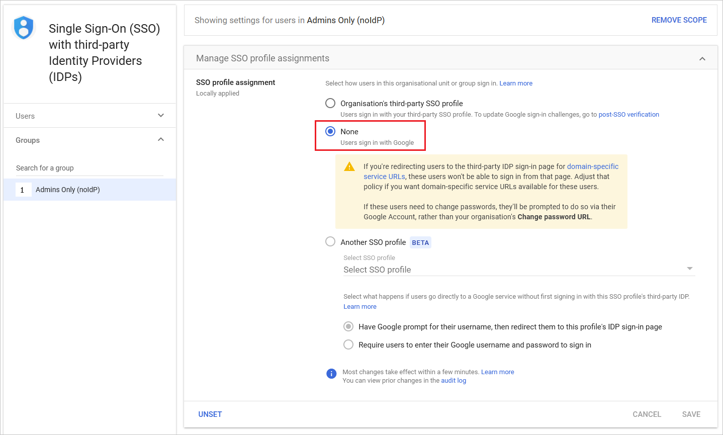 Zrzut ekranu przedstawiający przypisanie profilu SSO.