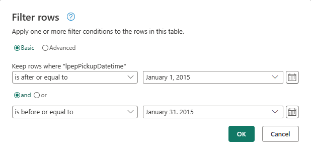 Zrzut ekranu przedstawiający wybór dat w styczniu 2015 r.