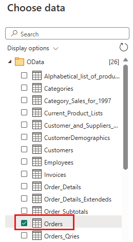 Zrzut ekranu przedstawiający okno dialogowe wyboru tabeli zamówień.