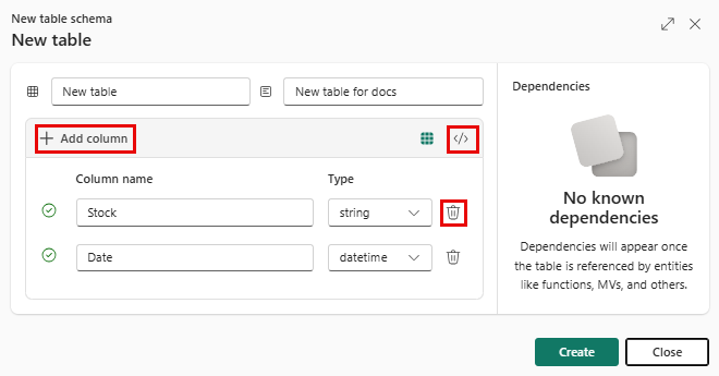 Zrzut ekranu przedstawiający nowego kreatora pustej tabeli w usłudze Real-Time Intelligence. Opcje Dodaj kolumnę, usuń i przeglądarka poleceń są wyróżnione.