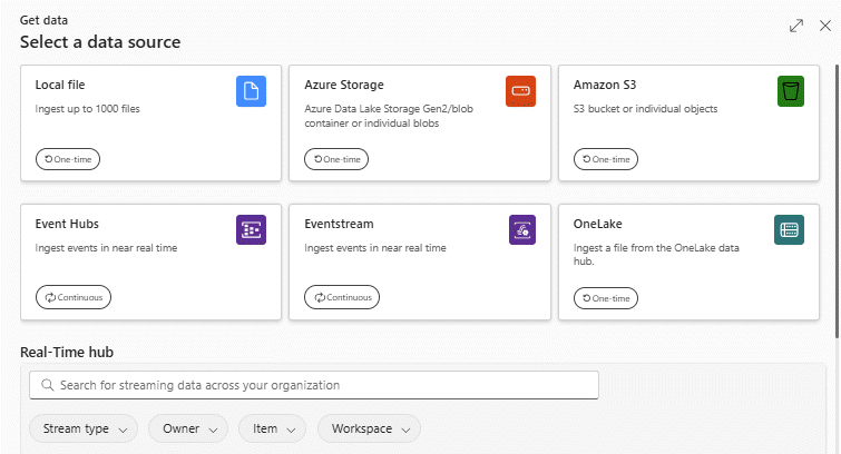 Zrzut ekranu z przedstawieniem dostępnych typów danych w doświadczeniu pobierania danych w Eventhouses w Real-Time Intelligence.