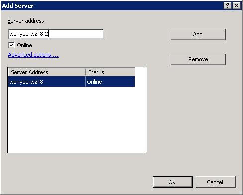 Screenshot of viewing Advanced options in the Add Server dialog.