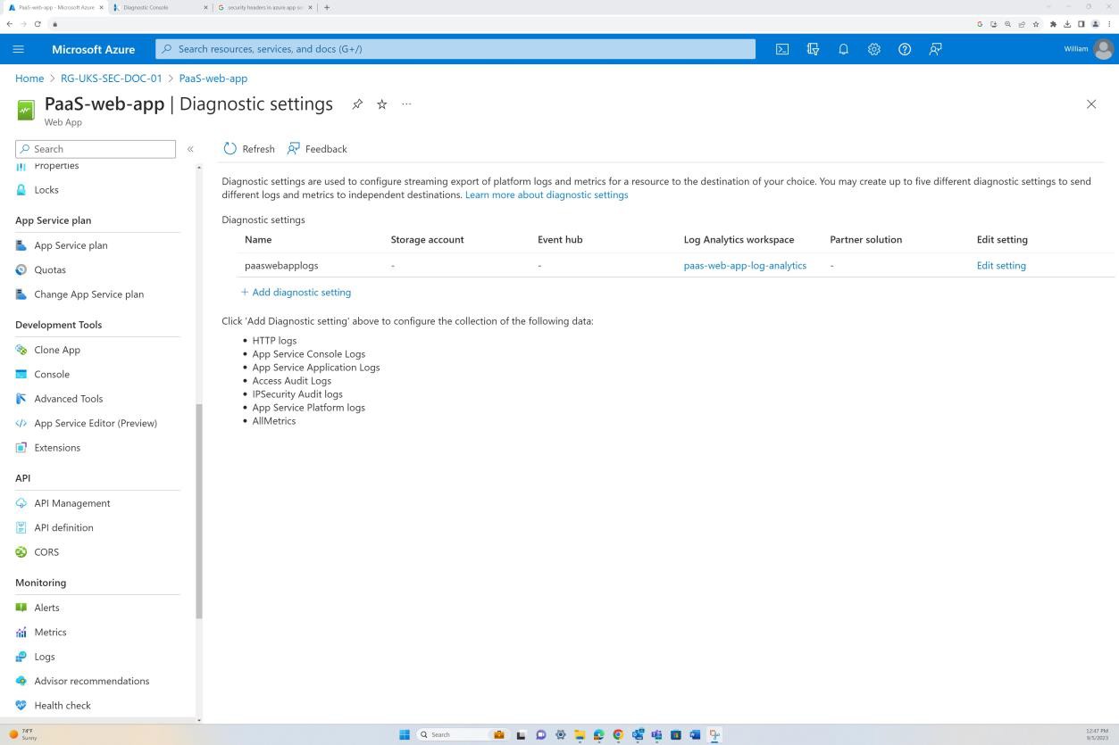 Microsoft Azure app diagnostic settings landing page.