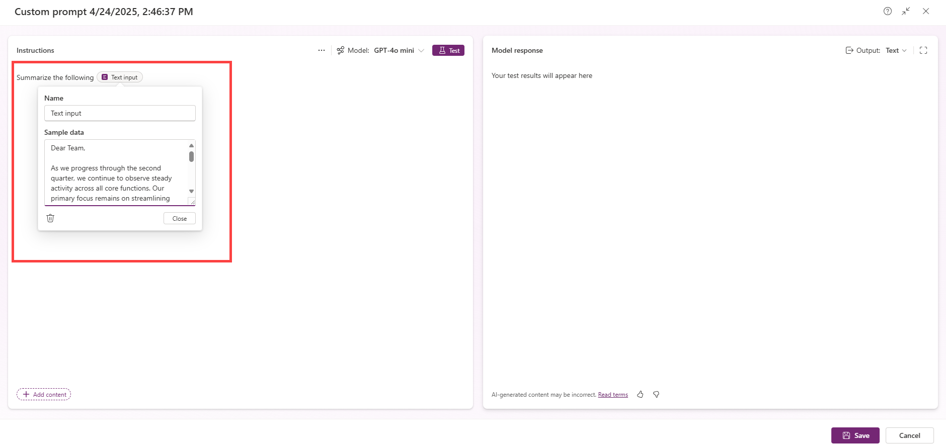 Zrzut ekranu pokazujący, jak dodać przykładową wartość wejściową.