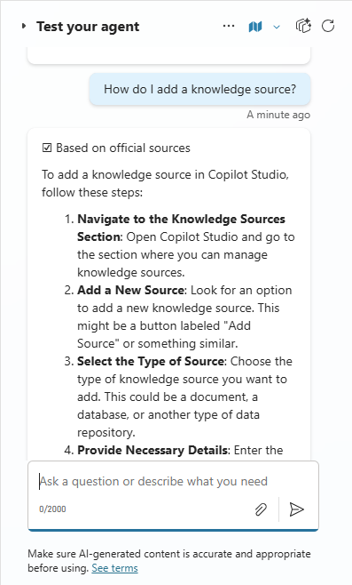Zrzut ekranu przedstawiający pytanie testowe na czacie testowym.