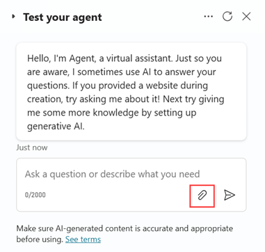 Zrzut ekranu okienka Testuj agenta, wyróżniający ikonę spinacza do papieru używaną do przekazywania obrazów.