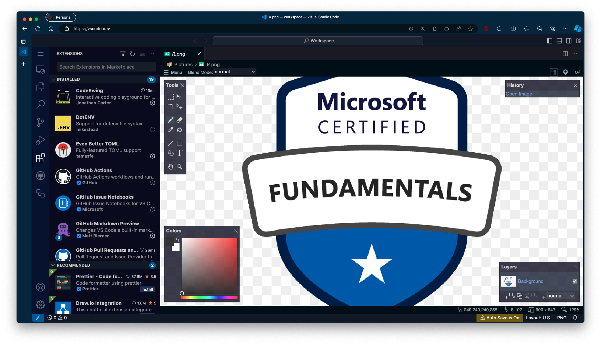 Zrzut ekranu programu VS Code z rozszerzeniem korzystającym z elementu WebView dla niestandardowego interfejsu użytkownika.