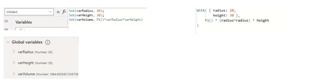 Zrzut ekranu formuły Power Fx, w której jest używana funkcja With.