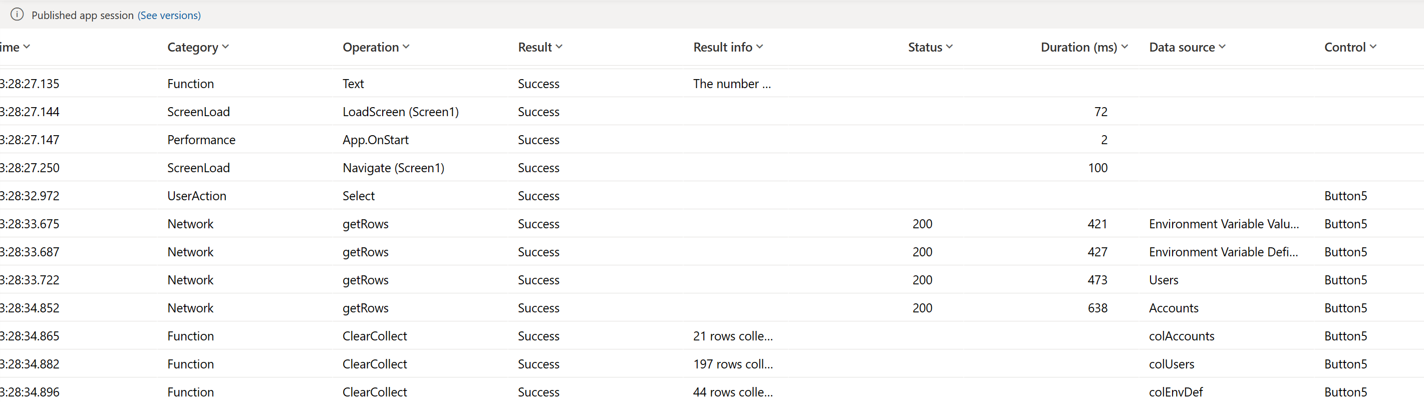 Zrzut ekranu przedstawiający wyniki monitorowania z opisanymi kolumnami