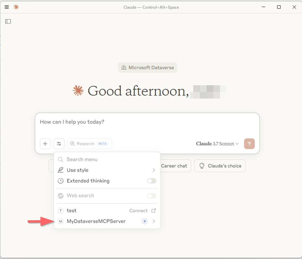 Weryfikowanie połączenia pulpitu Claude'a z usługą Dataverse
