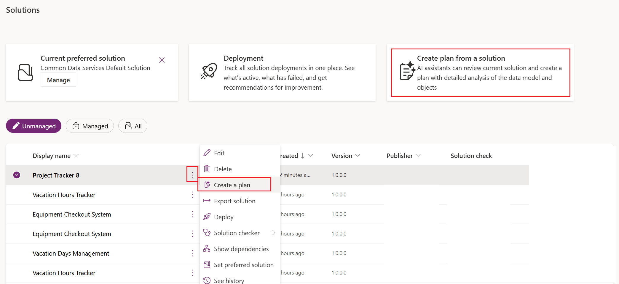 Zrzut ekranu przedstawiający tworzenie planu z rozwiązania.
