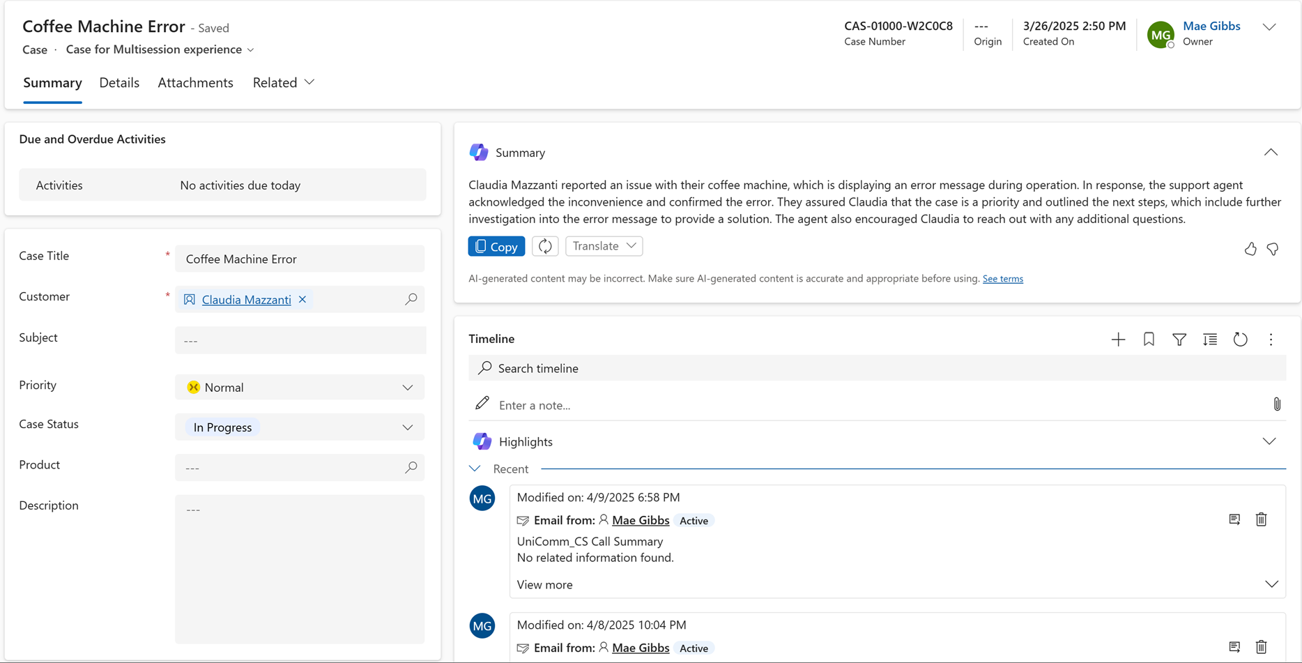 Zrzut ekranu przedstawiający domyślne podsumowanie przypadku Copilot w aplikacji opartej na modelu.