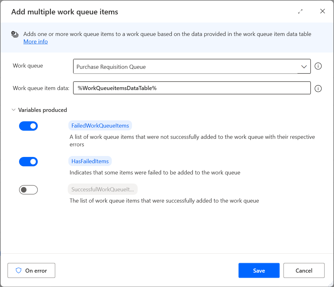 Zrzut ekranu przedstawiający akcję dodawania wielu elementów kolejki pracy.