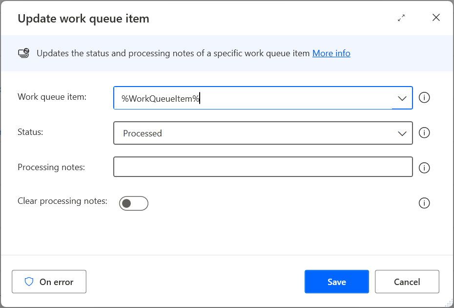 Zrzut ekranu akcji aktualizuj element w kolejce pracy.