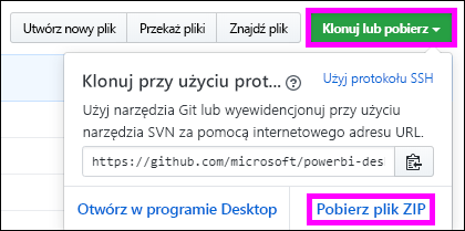 Zrzut ekranu przedstawiający sposób pobierania przykładowego pliku PBIX.