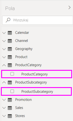 Zrzut ekranu przedstawiający kolumny na liście pól.