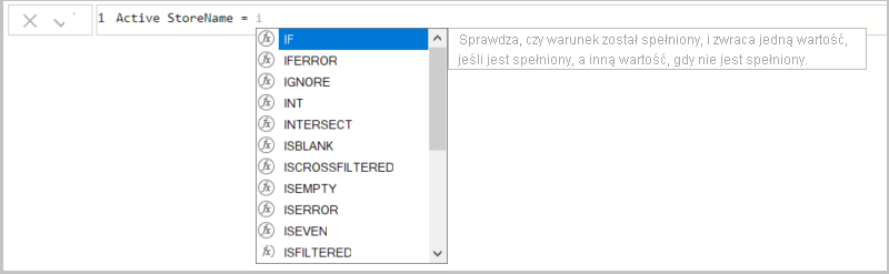 Zrzut ekranu z wybraną funkcją IF na pasku formuły.