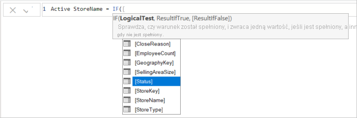 Zrzut ekranu przedstawiający wybrany Status dla funkcji IF na pasku formuły.