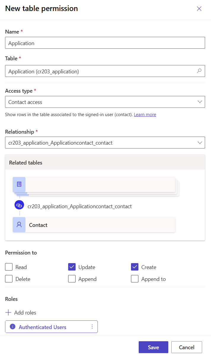 Dodawanie uprawnień tabeli do tabeli aplikacji.