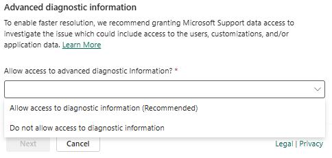 Zrzut ekranu zgłoszenia pomocy technicznej z zaznaczoną opcją Zezwól na zaawansowane dochodzenie i tworzenie środowiska pomocy.
