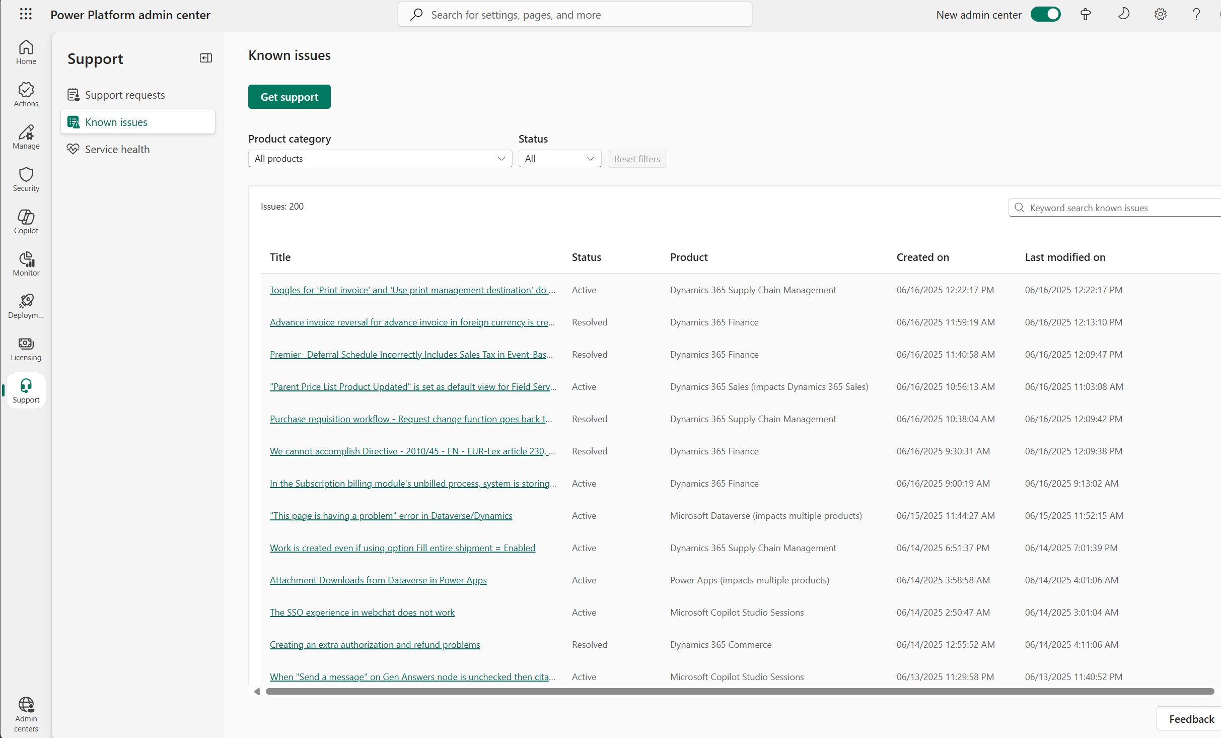 Zrzut ekranu przedstawiający kartę Znane problemy w centrum administracyjnym platformy Power Platform.