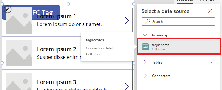 Źródło danych dla galerii wybranej jako tagRecords.