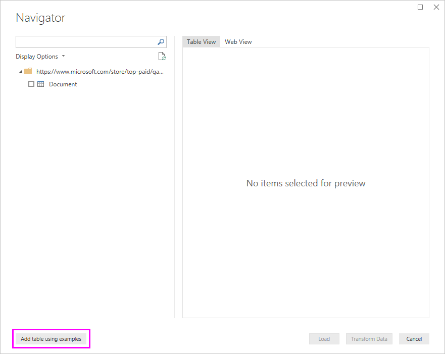 Zrzut ekranu przedstawiający nawigator bez wyświetlanych tabel, a przycisk Dodaj tabelę przy użyciu przykładów został podkreślony.