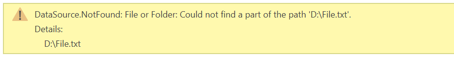 Zrzut ekranu przedstawiający błąd źródła danych, który nie może odnaleźć pliku, ponieważ w bieżącym środowisku nie ma dysku D.
