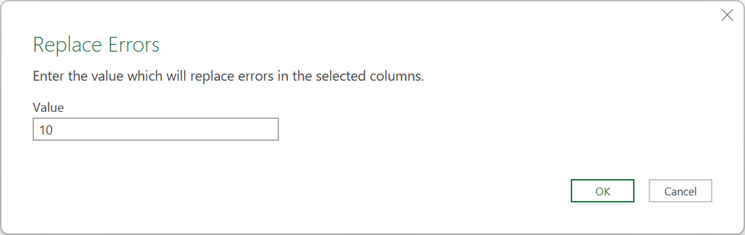 Zrzut ekranu przedstawiający okno dialogowe zastępowania błędów z wartością ustawioną na 10.