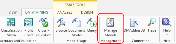Manage Models button, Data Mining ribbon Manage Models button, Data Mining ribbon