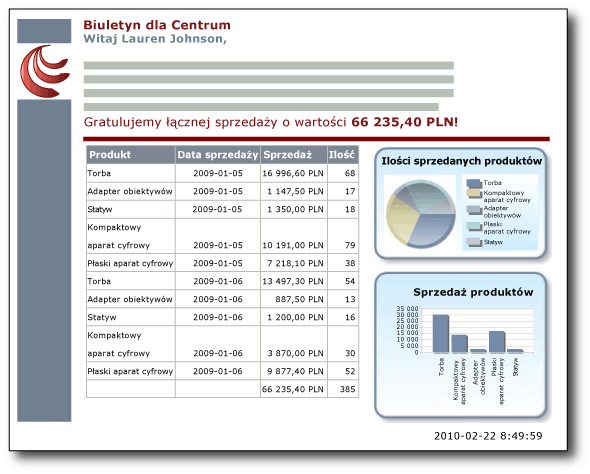 Raport w układzie dowolnym z tabelą, wykresem i miernikiem
