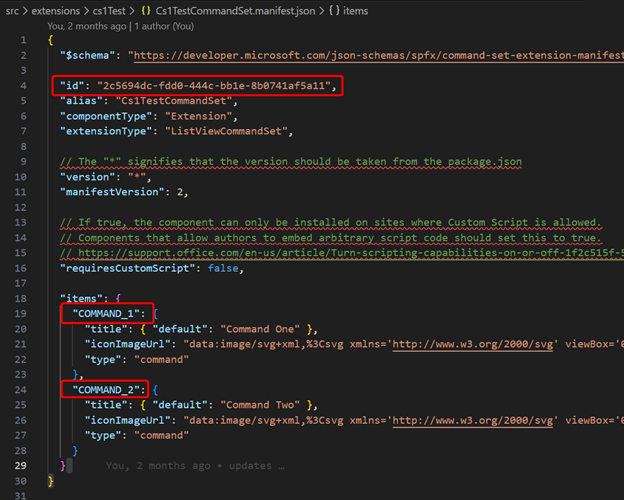 shows how to build the command key for a custom command created via an SPFx ListView Commmand Set extension 