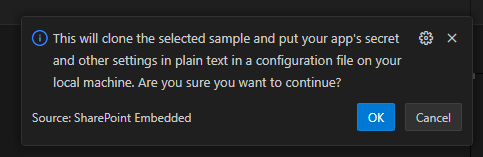 SPE VS Code notification alerting it will copy app secrets in plain text on local machine