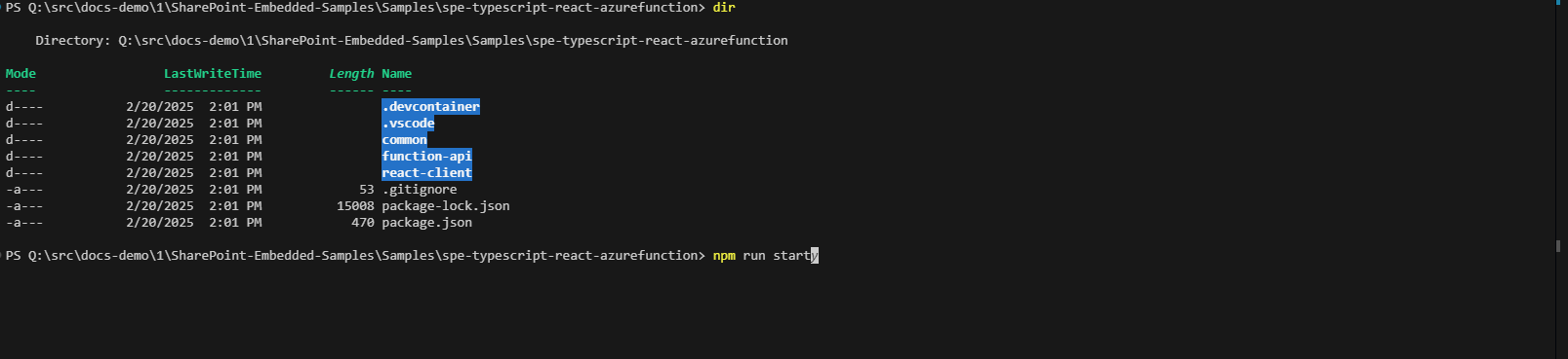VS Code terminal in root folder of SPE Typescript project cloned earlier and npm run start command typed in