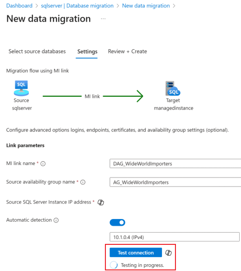 Zrzut ekranu przedstawiający przycisk testu połączenia z wystąpieniem zarządzanym.