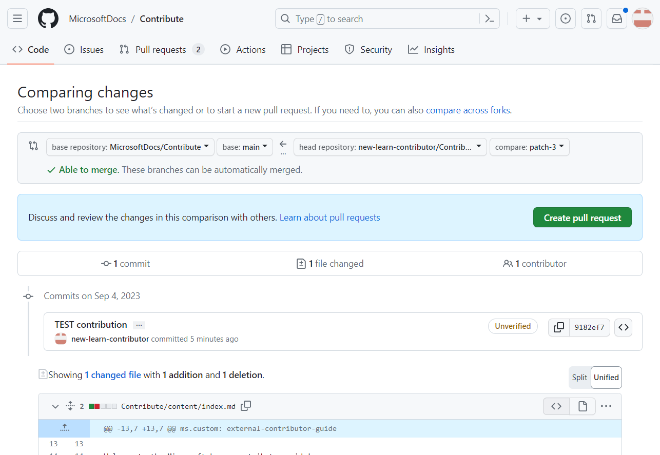 Zrzut ekranu przedstawiający stronę, aby sprawdzić, czy gałąź bazowa jest główna, co oznacza, że zmiany zostaną scalone z główną gałęzią. 